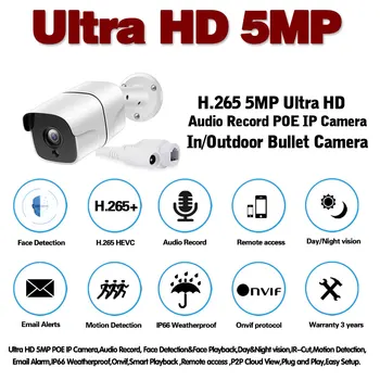 H. 265 CCTV Drošības Ip Novērošanas Kameras Āra Ūdensizturīgs Tīkla Video Novērošanas Kameras Mājas 5mp POE Bullet Uzraudzība