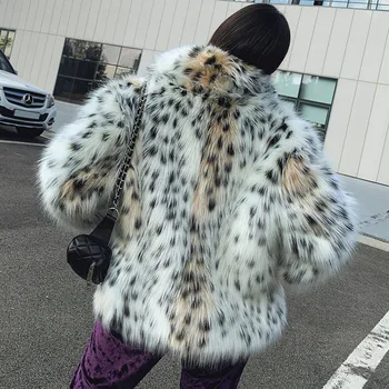 Hanmi jauns kaķis print fox kažokādas zāle mētelis sieviešu īsās temperaments uzvalks apkakles Mākslīgās Kažokādas Leoparda jaka