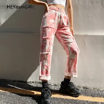 HEYounGIRL Kaklasaites Krāsu Drukas Džinsi Sievietēm Sieviešu Kabatas Augstas Starām. Džinsa Bikses, Capri Rāvējslēdzēju Gadījuma Modes Garās Bikses Streetwear 1975