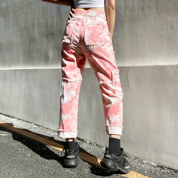 HEYounGIRL Kaklasaites Krāsu Drukas Džinsi Sievietēm Sieviešu Kabatas Augstas Starām. Džinsa Bikses, Capri Rāvējslēdzēju Gadījuma Modes Garās Bikses Streetwear