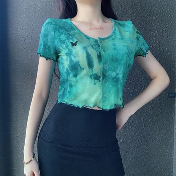 HEYounGIRL Ruffles Īsām Piedurknēm Tie Krāsošanas Kultūru T Krekls Sieviešu Modes Iespiesti Tauriņš Kokvilnas T Dāmas Korejas Streetwear 2020