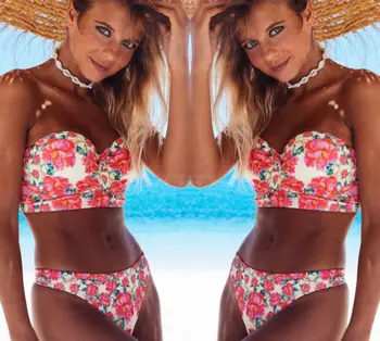 Hirigin Ziedu Bikini Komplekts Strapless Sieviešu Peldkostīmi Push Up Polsterētām Krūšturis Peldkostīmu Vasarā Sieviešu Peldkostīms Ziedu Beachwear