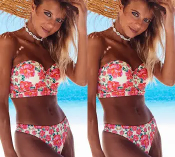 Hirigin Ziedu Bikini Komplekts Strapless Sieviešu Peldkostīmi Push Up Polsterētām Krūšturis Peldkostīmu Vasarā Sieviešu Peldkostīms Ziedu Beachwear