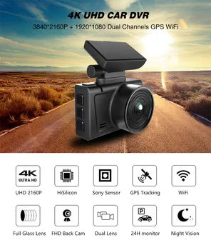 Hisilicon Hi3559 Auto DVR 4K 3840*2160P Dash Cam Video Reģistrā, WIFI, GPS Izsekošanas Sony IMX415 AHD1080P HD Nakts Redzamības Kamera