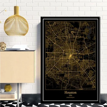 Hjūstonā ASV Black&Gold Pilsētas Gaismas Custom Maps Pasaules Pilsētas Karte, Plakātus, Kanvas Izdrukas, Ziemeļvalstīm Sienas Mākslas Mājas Dekoru 8367