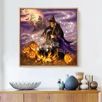 HUACAN Halloween Pilnu Kvadrātveida Dimanta Krāsošana Ķirbju Dimanta Izšuvumi Krustdūrienā Raganu Priekšstatu Par Rhinestones 22507
