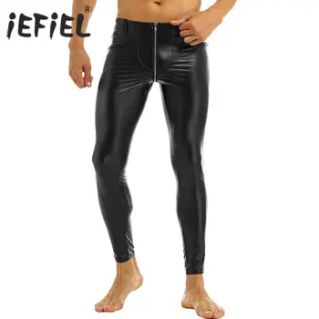 IEFiEL Black Vīriešu Mākslīgās Ādas Rāvējslēdzēju Kājstarpes Saspringts Bikses Legging Bikses Clubwear Bikses Vīriešu Slim Fit Kostīmi Puse Drēbes 5197
