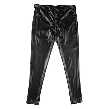 IEFiEL Black Vīriešu Mākslīgās Ādas Rāvējslēdzēju Kājstarpes Saspringts Bikses Legging Bikses Clubwear Bikses Vīriešu Slim Fit Kostīmi Puse Drēbes