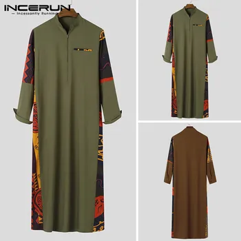 INCERUN Musulmaņu Vīriešu Kaftan Islāma Drēbes ar garām Piedurknēm Stāv Apkakle Raibs Vintage Gadījuma Jubba Thobe arābu Vīriešu Apģērbi S-5XL