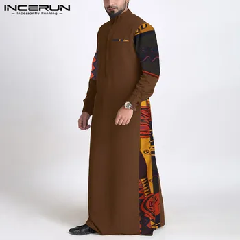 INCERUN Musulmaņu Vīriešu Kaftan Islāma Drēbes ar garām Piedurknēm Stāv Apkakle Raibs Vintage Gadījuma Jubba Thobe arābu Vīriešu Apģērbi S-5XL