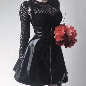 InsGoth Melns Ādas Svārki Sievietēm Gothic Streetwear Augsta Vidukļa Rāvējslēdzēju Spageti Siksnas Īsi Svārki Dāma Retro Puse Mini Svārki