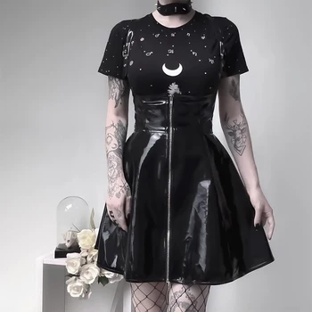 InsGoth Melns Ādas Svārki Sievietēm Gothic Streetwear Augsta Vidukļa Rāvējslēdzēju Spageti Siksnas Īsi Svārki Dāma Retro Puse Mini Svārki