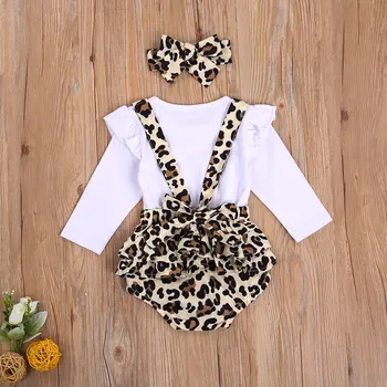 Ir 2021. Gadījuma 0-24M Infant Baby Girl Apģērbu ar garām Piedurknēm Savirmot Bodysuit Top+Leopard Bikses, kombinezoni ar Krūšdaļu +Galvas 3pcs Bērnu Komplekts