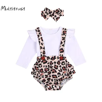 Ir 2021. Gadījuma 0-24M Infant Baby Girl Apģērbu ar garām Piedurknēm Savirmot Bodysuit Top+Leopard Bikses, kombinezoni ar Krūšdaļu +Galvas 3pcs Bērnu Komplekts