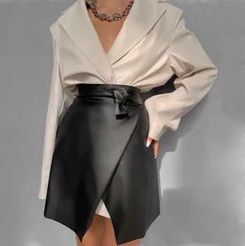 Ir 2021. Modes Streetwear Sieviešu Svārki Mākslīgās PU Ādas Augsta Vidukļa Nelegālo Īsi Mini Svārki Siksnas Melnās Dāmas Biroja Svārki