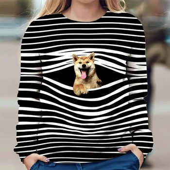 Ir 2021. Pavasara Elegants Karikatūra Kaķis, Svītrains Krekls Sievietēm O Kakla Kabatas Suns Zaudēt Blūze Rudens Garām Piedurknēm Dzīvnieku Print Topi Džemperi