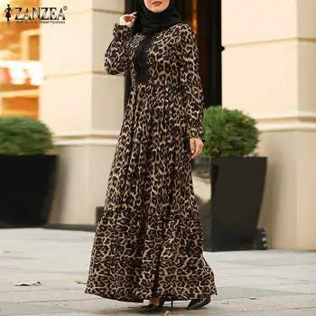 Ir 2021. Rudens garām Piedurknēm Kaftan ZANZEA Modes Leopard Mežģīnes Raibs Kleita Sievietes Puses Sen Maxi Sundress Vestidos Sieviešu Drēbes