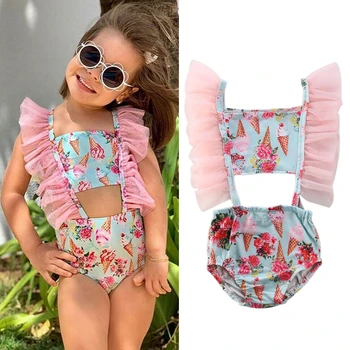 Ir 2021. Toddler Bērniem, Baby Meiteņu Peldkostīmi Bodysuit Saldējums Peldvietu Dobi Uzvalks Bikini Savirmot Beachwear Peldkostīmu Apģērbi Vasaras