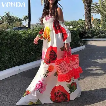 Ir 2021. VONDA Bohēmijas Vestidos Sievietes Vasaras Kleita Beach Sexy Pie Pleca Ziedu Drukāt Maxi Garās Kleitas Holiday Plus Izmēra 5XL