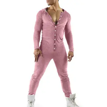 Ir 2021. Vīriešiem Jumpsuit Izdilis Cietā Kapuci Sleepwear Long Piedurknēm Pogas Pyjama Gadījuma Kopumā Romper Vīriešu Modes Apģērbi