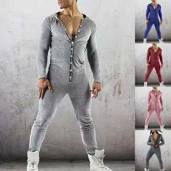 Ir 2021. Vīriešiem Jumpsuit Izdilis Cietā Kapuci Sleepwear Long Piedurknēm Pogas Pyjama Gadījuma Kopumā Romper Vīriešu Modes Apģērbi