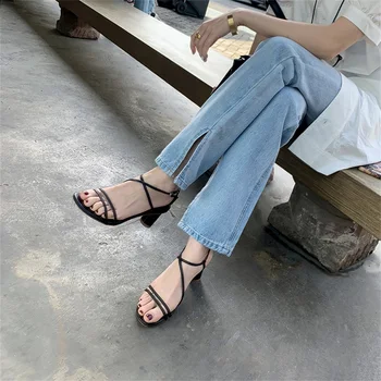 ISNOM Sexy Šauru Strappy Dāmas Sandales Vasarā Bieza Augstiem Papēžiem Kurpes Sievietei Kleitu Ādas Oderējums, Mājīgu Sieviešu Sandales Modes