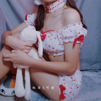Japāņu Sexy Kawaiii Mežģīnes Priekšgala Zemeņu Īsām Piedurknēm Topi, Šorti Lolita Apakšveļa Sievietēm Naktsveļu Cute Pidžamas Komplekti 26276
