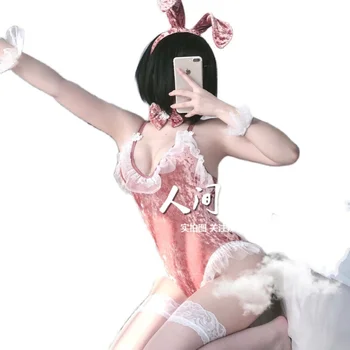 Japāņu Sieviešu Erotiska Kawaii Veļu Pāris Cute Rozā Samta Sexy Jumpsuit Anime Bunny Girl Cosplay Kostīmi Ķermeņa Kostīmi