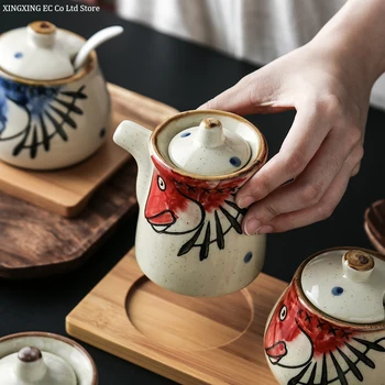 Japāņu Stilā, ar Roku apgleznotus Underglaze Keramikas Garšvielas Burkas, Garšvielu Kastes Garšvielu Pudeļu Trīs gabals, kas Virtuves Piederumi