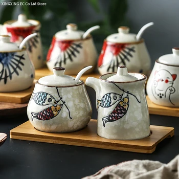 Japāņu Stilā, ar Roku apgleznotus Underglaze Keramikas Garšvielas Burkas, Garšvielu Kastes Garšvielu Pudeļu Trīs gabals, kas Virtuves Piederumi