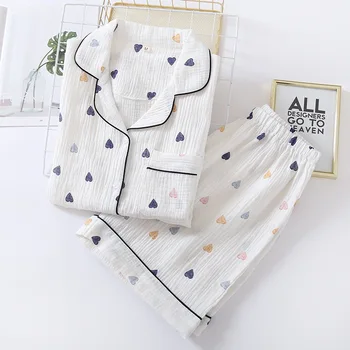 Japāņu vasarā jaunas dāmas kokvilnas marle īsām piedurknēm bikses, pidžamas uzvalks cute sirds formas plāna sadaļu mājās pakalpojums atbilstu sieviete