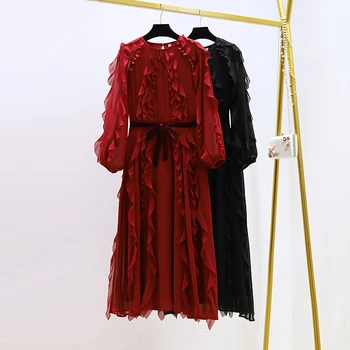 Jauna Rudens Ziemas Sievieti Kleita Ruffles elegants O-veida kakla laternu piedurknēm ilgi vestido kleita sieviešu modes skrejceļa vestido dāmas 2020