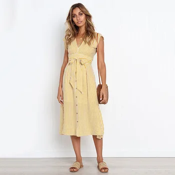 Jaunajā 2020. Gada Vasaras Kleita Bez Piedurknēm Sievietēm Gadījuma Svītru Kleitas Ar V Veida Kakla Pārsējs Midi Kleitu Sieviešu Pusgarās Vintage Kleita Lady
