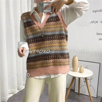 Jaunajām korejas Modes V-veida Kakla Adīti Džemperi, Vestes Augstas Kvalitātes Kašmira Veste Vintage Meitene ir Plus Lieluma Kokvilnas Džemperi Vestes Top 2020