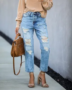 Jaunas atpūtas piepilsētas džinsus ar caurumiem, Eiropā un Amerikā iela hipsters ar plosītos vidukļa un taisnu kāju bikses