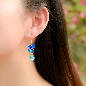Jaunas Vasaras modes opal vilināt auskari sievietēm,vintage ziedu auskari cloisonne rotaslietas zilās, etniskā auskari