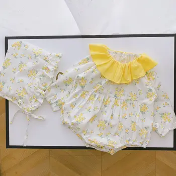 Jaundzimušais meitene pilnu piedurknēm ziedu salikuma (dungriņi) bodysuits ruched toddler zīdaiņu jumpsuits+cepure bērnu apģērbu komplekts 2gab 0-18M
