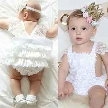 Jaundzimušais Meitenes Savirmot Balta Mežģīņu Ziedu Romper Backless Bowknot Sunsuit Dzimšanas Dienu Tutu Drēbes