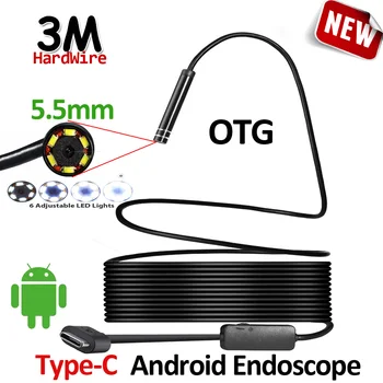 Jauno C Tipa Android Endoskopu Kamera 3M 5.5 mm OD Elastīgu Hardwire Čūska IP67 Waterproof Cauruļu Pārbaude 6LED Portatīvo Borescope