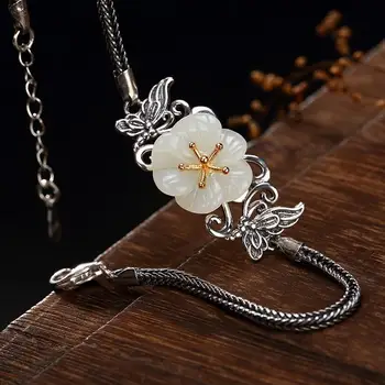 Jaunu inkrustēts balts Halcedons plūmju ziedu Aproce Ķīnas pils retro stilu, elegants mazo dizains sieviešu zīmola rotaslietas