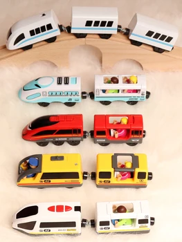 Jaunu Magnētisko elektriskā lokomotīve saderīgu zīmols koka magnētisko dzelzceļa automašīnu skatuves dzelzceļa tranzīta rotaļu auto Ar kravu un nelietis