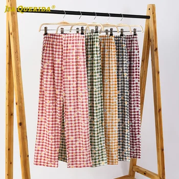 Jaunu Soft Plus Lieluma Modes Stilā Casual Stila Pyjama Bikses Kokvilnas Sieviete Garas Bikses Pleds Tipogrāfijas Dzeltenā Plus Lieluma Bikses 47476