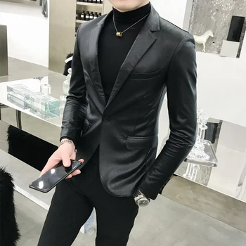 Jaunu viena sprādze PU uzvalks jaka fashion boutique vīriešu slim retro melna ādas jaka kvalitātes vīriešu banketa klubs ādas jaka