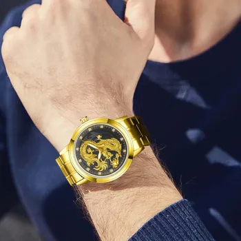 Jaunu Zīmolu Modes Vīriešu Biznesa Pulksteņi Reljefs Zelta Pūķis Analog Digital Ūdensizturīgs Displejs Vīriešu Kvarca rokas Pulkstenis Kleita