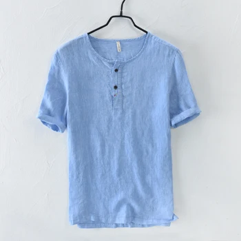 Jaunā stila vasaras veļa krekls vīriešiem zīmola ikdienas colarless vīriešiem, krekli zilā krāsā ar īsām piedurknēm krekls mens M-3XL camisa sociālo masculina