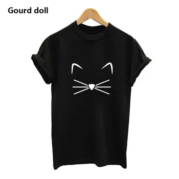 Kaķis Sejas Iespiesti Harajuku Vasaras sieviešu T Krekls Sievietēm Apaļu kakla Īsām Piedurknēm Femme Rock Melns/balts Tops Tee