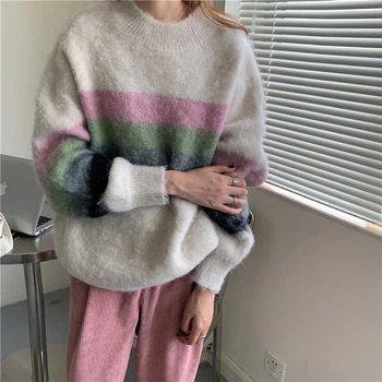 Kimutomo Raibs Džemperi Sievietēm Japāņu Stila Rudens 2020. Gadam Dāmas O-veida kakla garām Piedurknēm Adīts Puloveri Outwear Brīvs