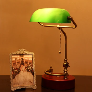 Klasisko ķīniešu retro zaļā galda lampa ar pull ķēdes slēdzis stikla abažūrs koka šasijas Metāla grupu, galda gaismu guļamistabā
