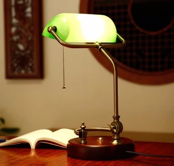 Klasisko ķīniešu retro zaļā galda lampa ar pull ķēdes slēdzis stikla abažūrs koka šasijas Metāla grupu, galda gaismu guļamistabā