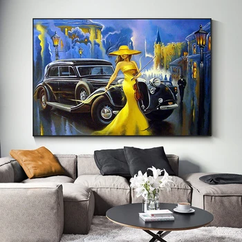 Klasiskā Auto Meitene vijolnieks Abstraktas Modes Stila Kanvas Glezna Mākslas Izdrukāt Plakātu Grafiskās Sienas Dzīvojamā Istabā, Mājas Dekoru